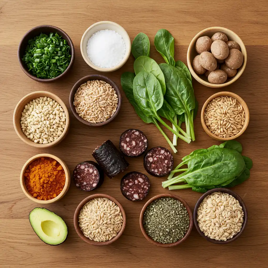 Composition de aliments riches en vitamines B12 et minéraux essentiels incluant le boudin noir