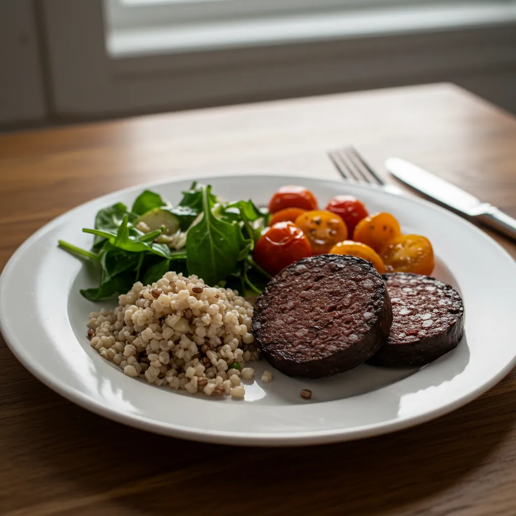 Assiette équilibrée montrant une portion modérée de boudin noir accompagné de légumes frais