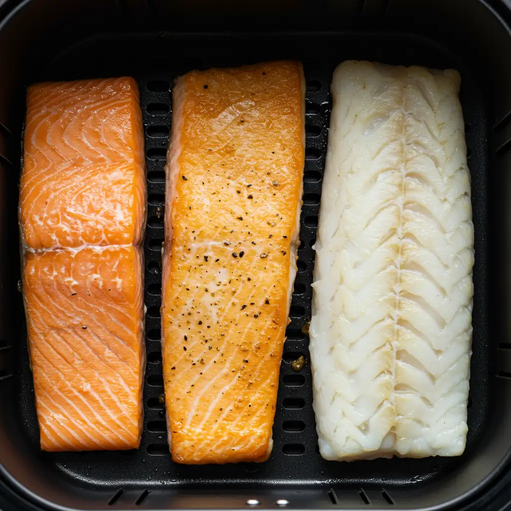 Trois types de filets de poisson différents dans un panier airfryer montrant les variations de cuisson