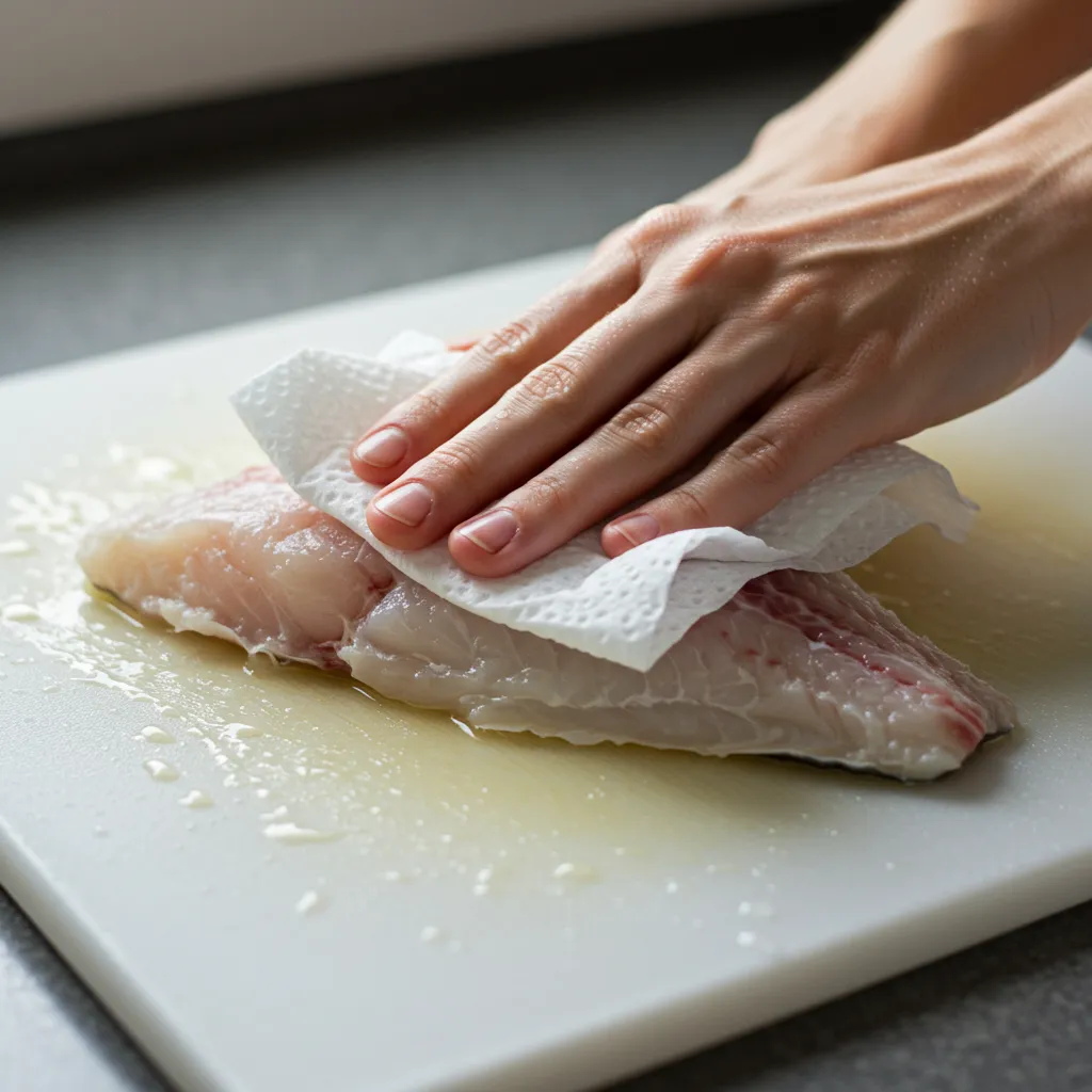 Filet de poisson en cours de séchage avec du papier absorbant sur une planche à découper