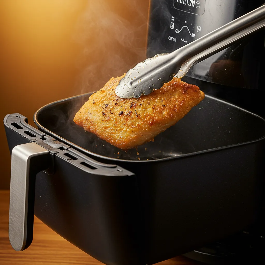 Retournement d'un filet de poisson à l'airfryer avec des pinces pendant la cuisson