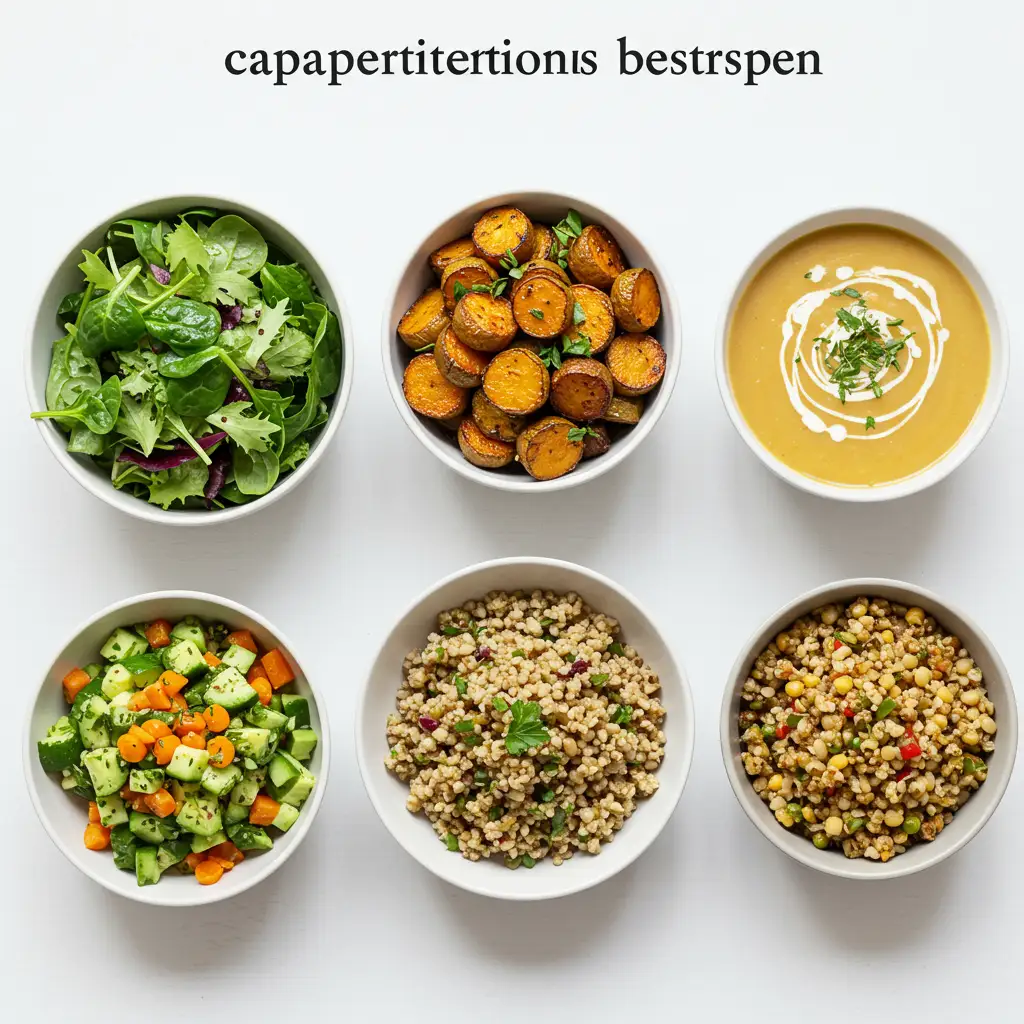 Cinq accompagnements différents pour tarte salée présentés en vue de dessus : salade verte, légumes rôtis, soupe, céréales et crudités