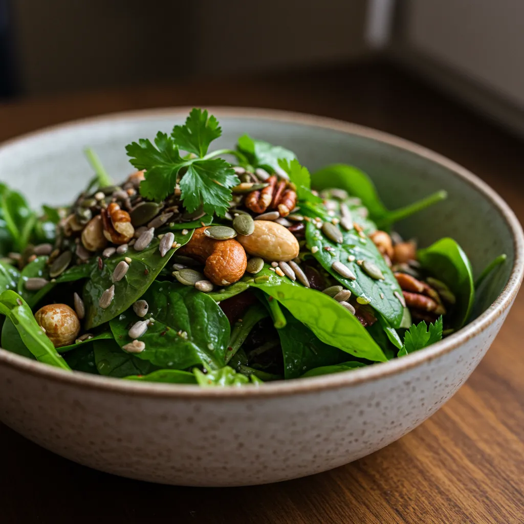 Salade verte riche et colorée avec graines et fruits secs dans un bol, photographiée en gros plan avec éclairage naturel