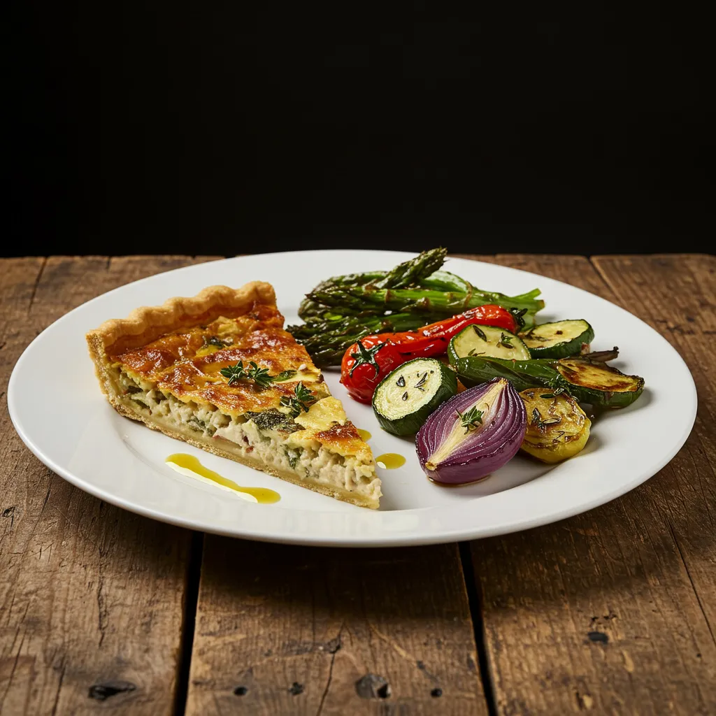 Assiette complète avec une part de tarte salée et légumes rôtis méditerranéens, photographiée en vue de trois-quarts