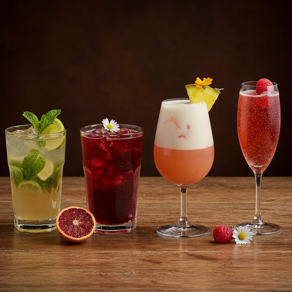 Sélection de mocktails et cocktails sans alcool colorés et garnis de fruits frais pour un apéritif réussi