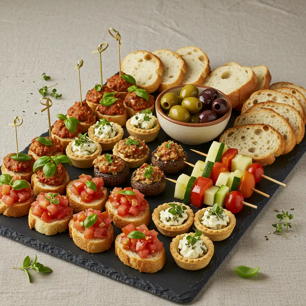 Plateau de bouchées apéritives variées : bruschettas, champignons farcis, mini-tartines et légumes sur ardoise