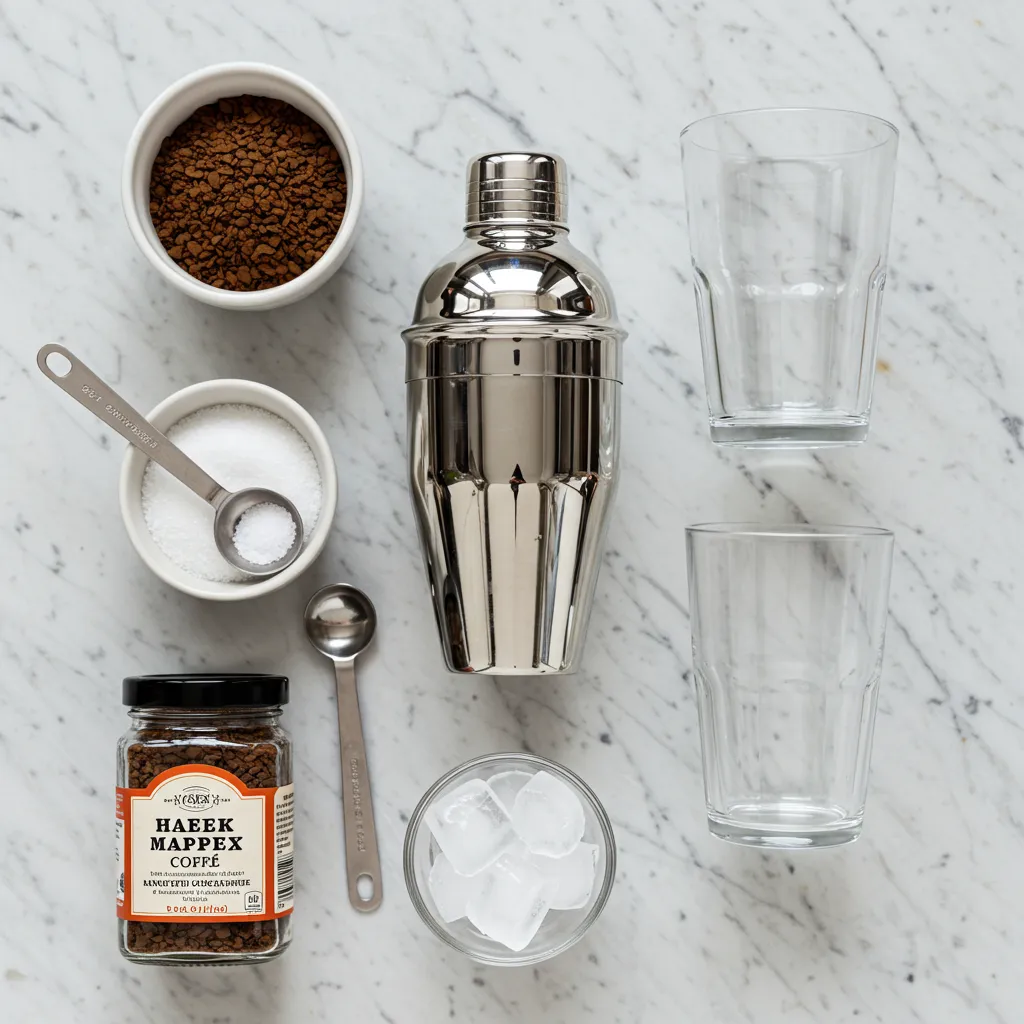 Ingrédients et matériel pour préparer un café frappé maison : café instantané, shaker, sucre, glaçons et grand verre