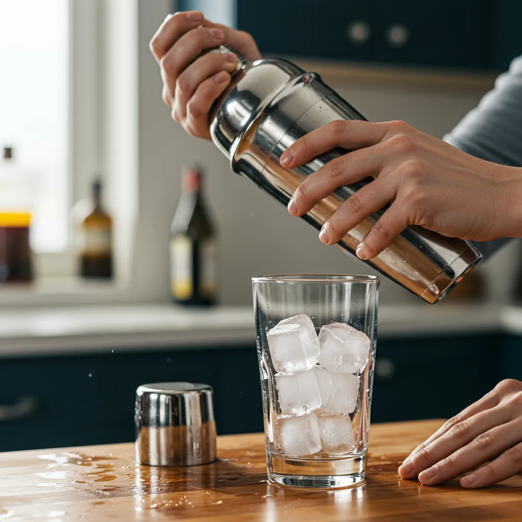 Mains agitant un shaker pour créer la mousse caramel du café frappé grec maison