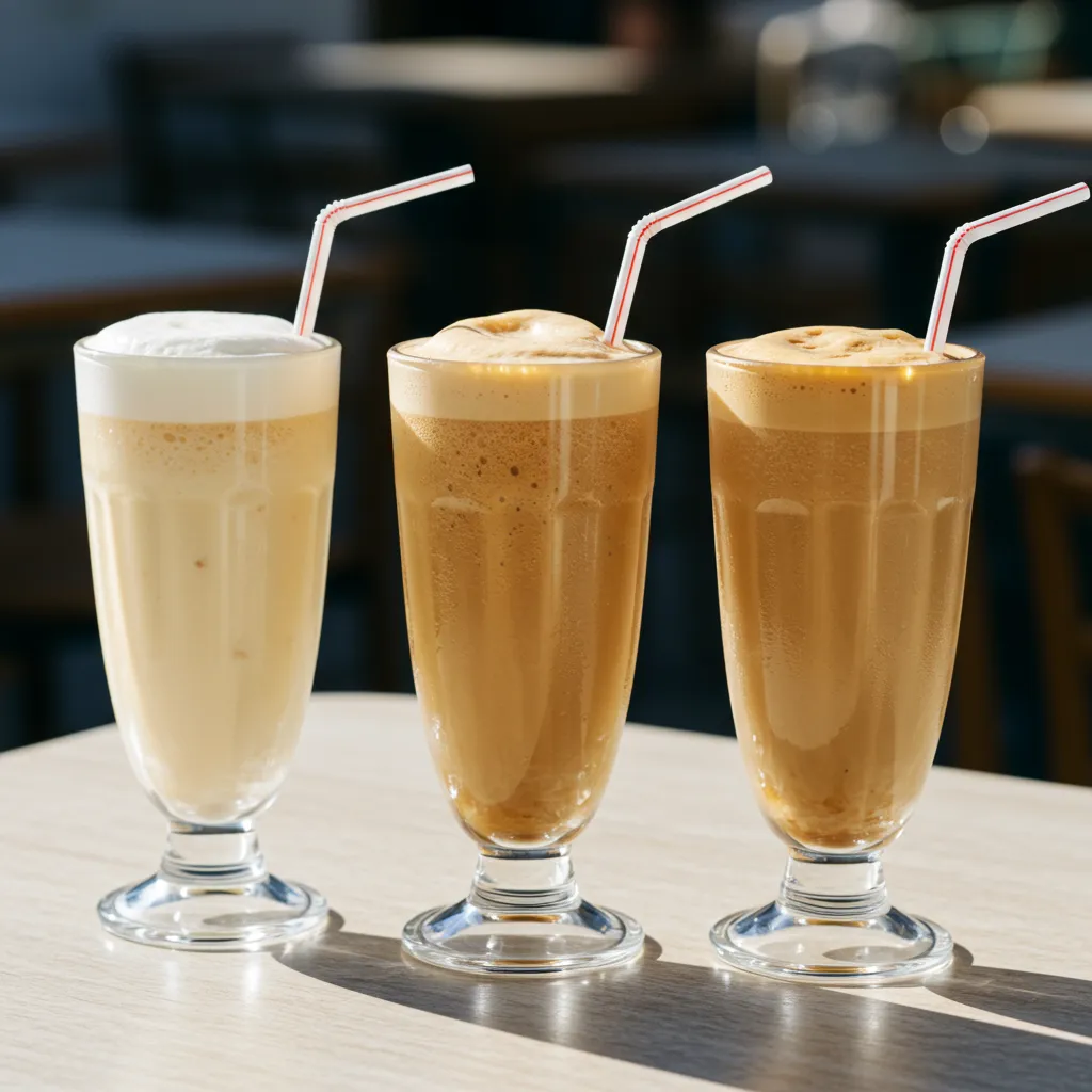Trois verres de café frappé grec avec différents niveaux de sucre et de mousse posés sur une table de café en plein soleil