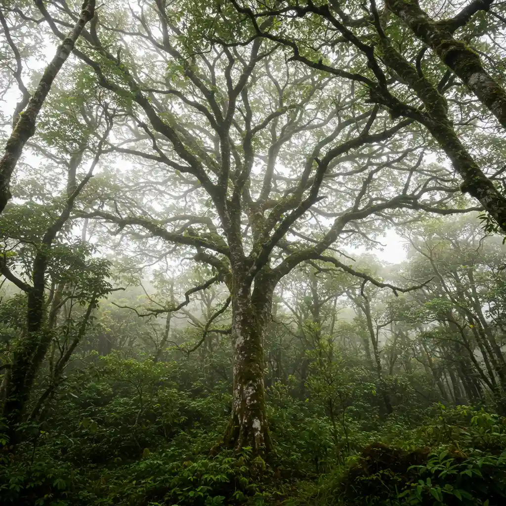 Arbre quinquina Cinchona poussant sur les versants andins dans une forêt tropicale de montagne, illustrant l'origine botanique de la plante