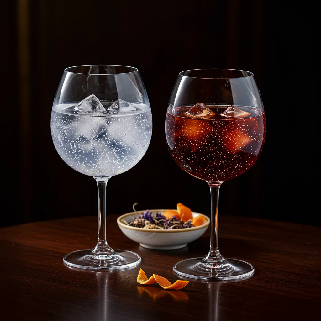 Verres de vin apéritif au quinquina et de gin tonic sur un comptoir de bar élégant, illustrant les usages apéritifs et cocktails emblématiques du quinquina