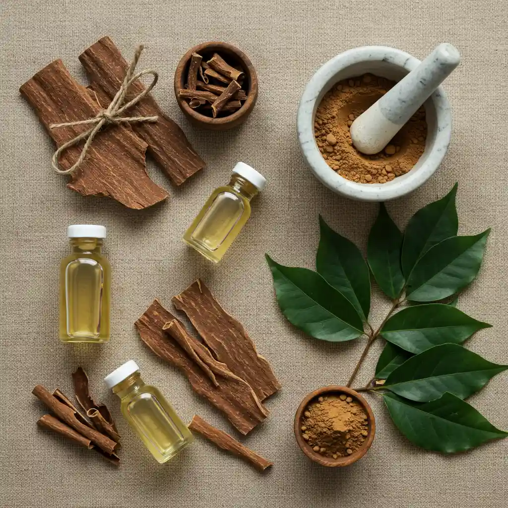 Préparations de phytothérapie à base de quinquina — teintures, écorces séchées et mortier — illustrant les usages médicinaux et homéopathiques de la plante