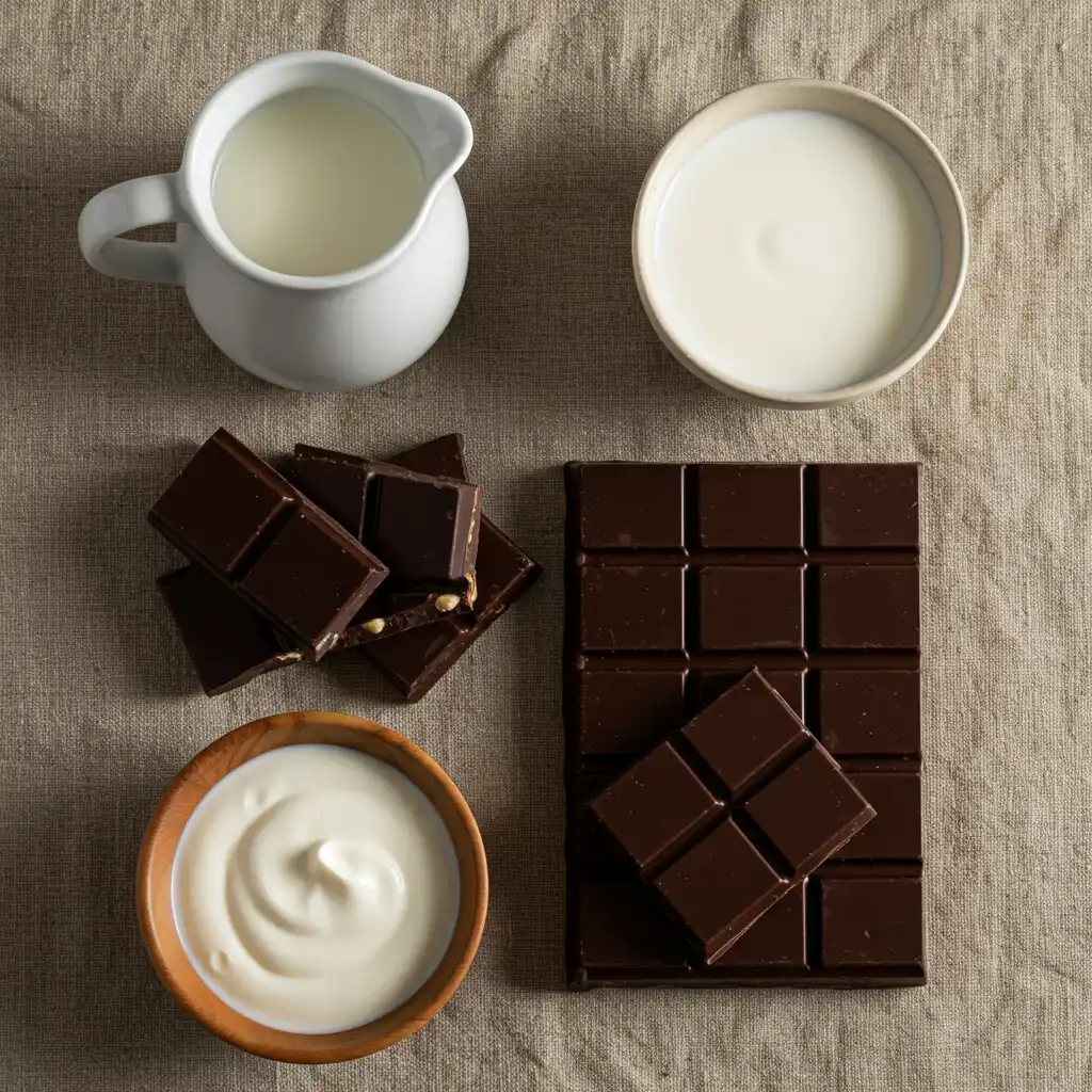 Ingrédients pour chocolat chaud onctueux : tablette de chocolat noir 70% cassée en morceaux, lait entier et crème liquide