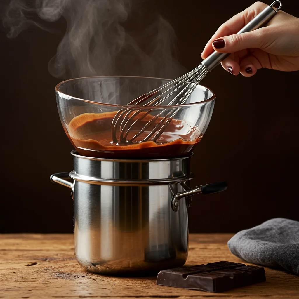 Préparation du chocolat chaud onctueux au bain-marie avec fouet, chocolat fondu lisse et brillant