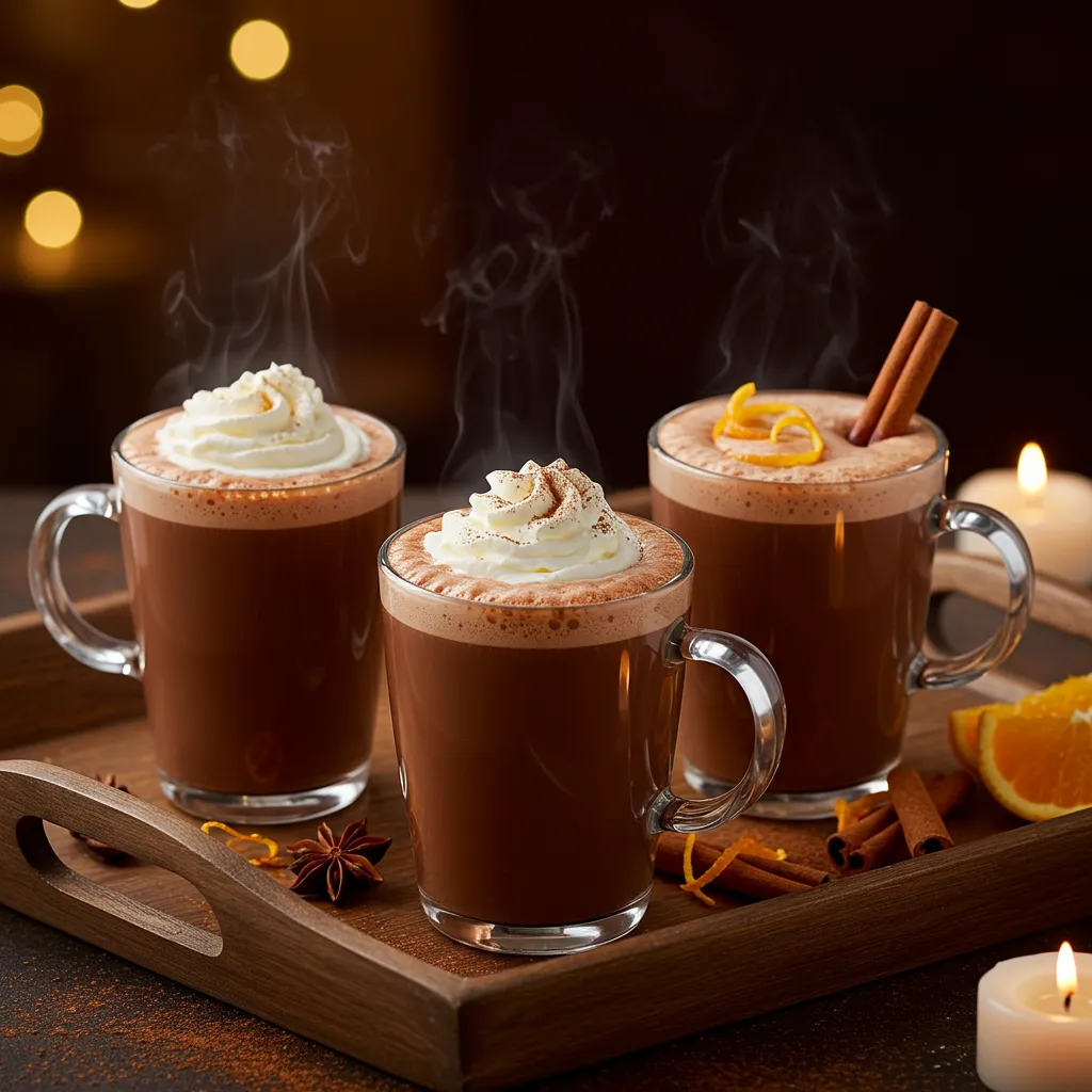 Variations de chocolat chaud onctueux personnalisé avec chantilly, cannelle et zeste d'orange dans trois tasses élégantes