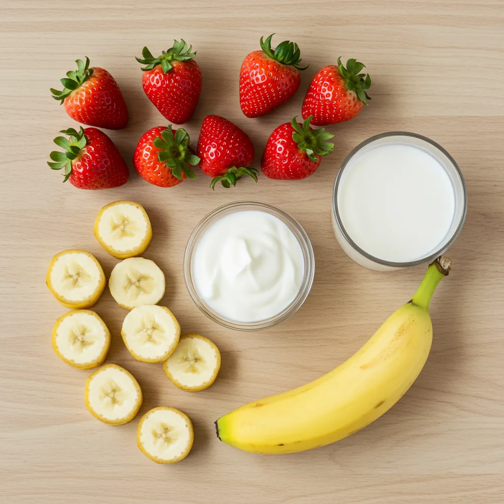 Vue de dessus des ingrédients du smoothie fraise : fraises fraîches, banane en rondelles, yaourt nature et lait végétal