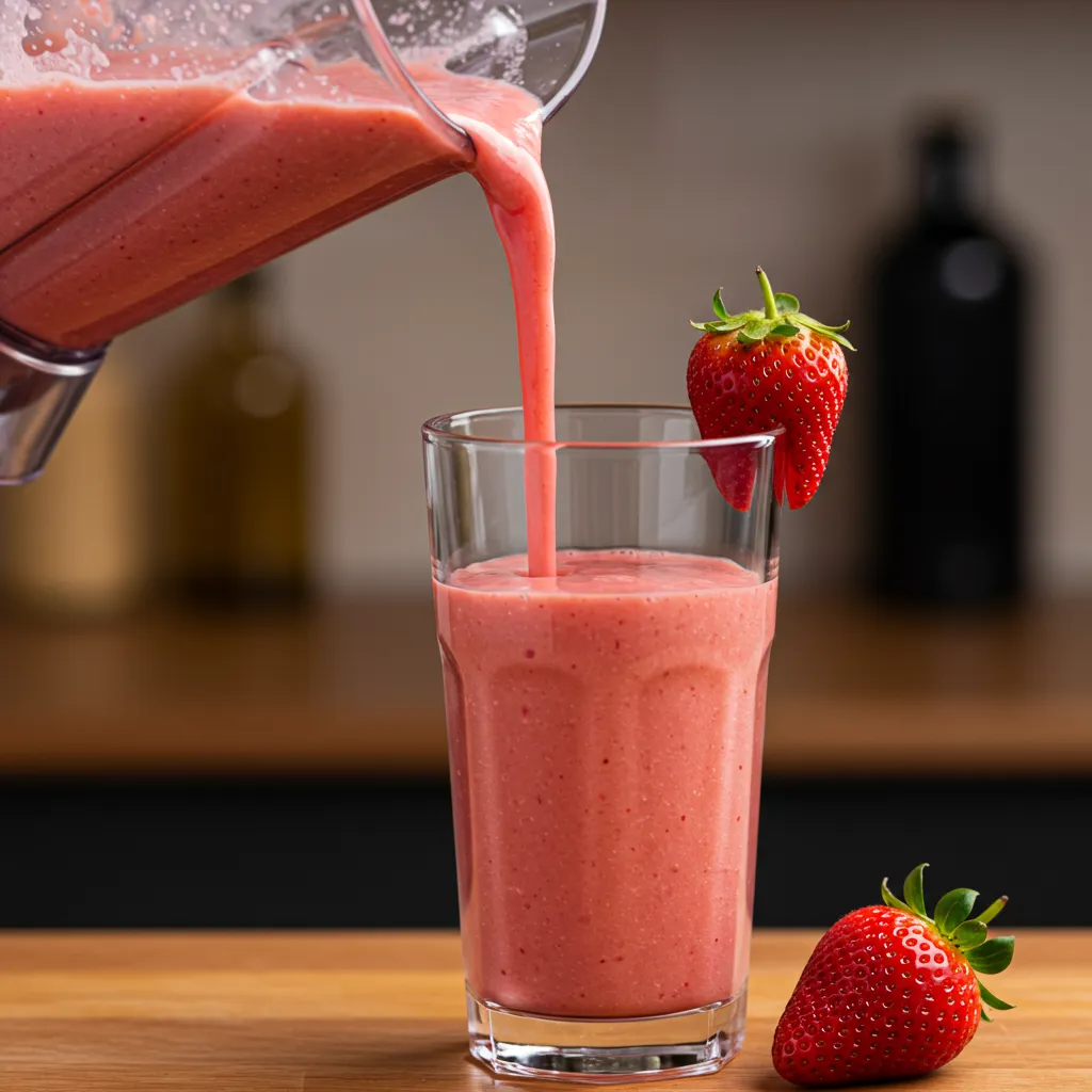 Versement d'un smoothie fraise onctueux dans un verre depuis un blender, texture crémeuse et rose vif