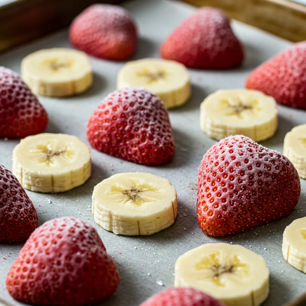 Fraises surgelées et rondelles de banane congelées sur un plateau givré, technique clé pour un smoothie onctueux