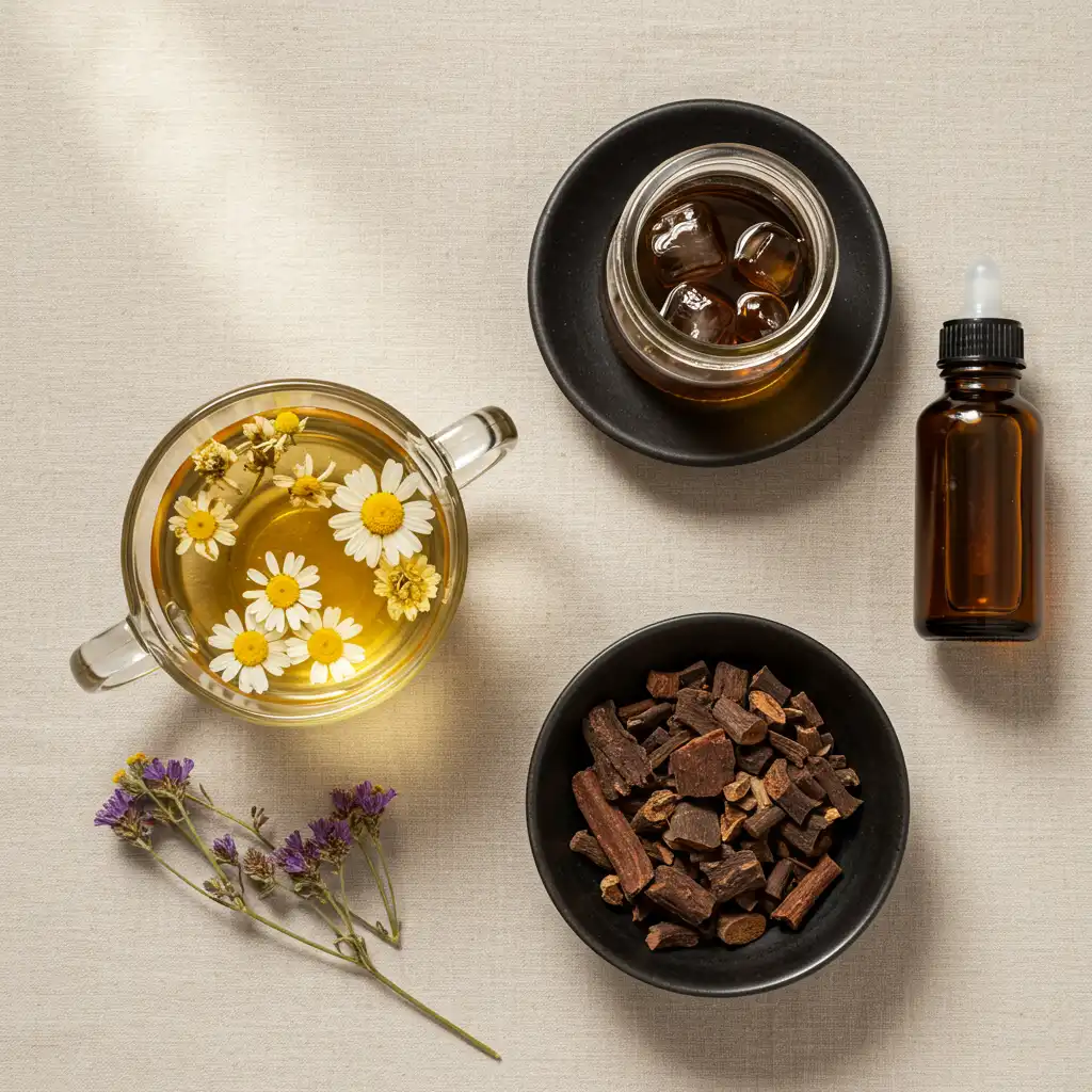 Vue de dessus de trois préparations à base de plantes : une infusion florale, une décoction de racines et une macération huileuse présentées côte à côte