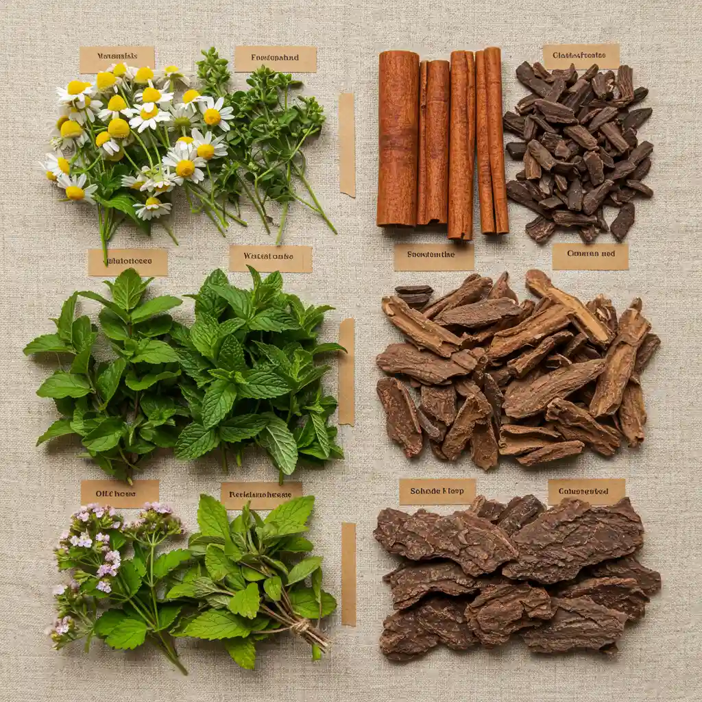 Vue de dessus d'une sélection de plantes médicinales triées en deux groupes : fleurs et feuilles pour l'infusion d'un côté, racines et écorces pour la décoction de l'autre