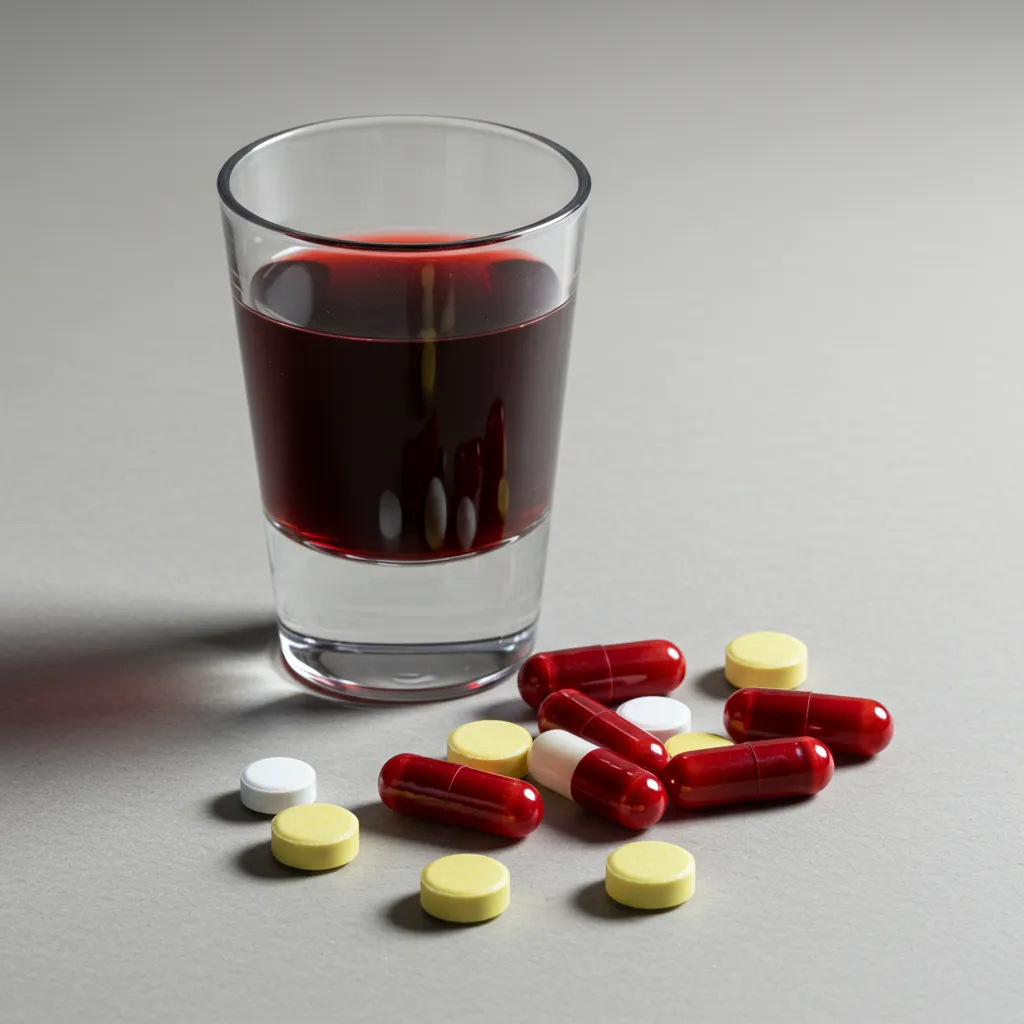 Comprimés médicamenteux posés à côté d'un verre de jus de grenade illustrant les interactions médicamenteuses potentielles