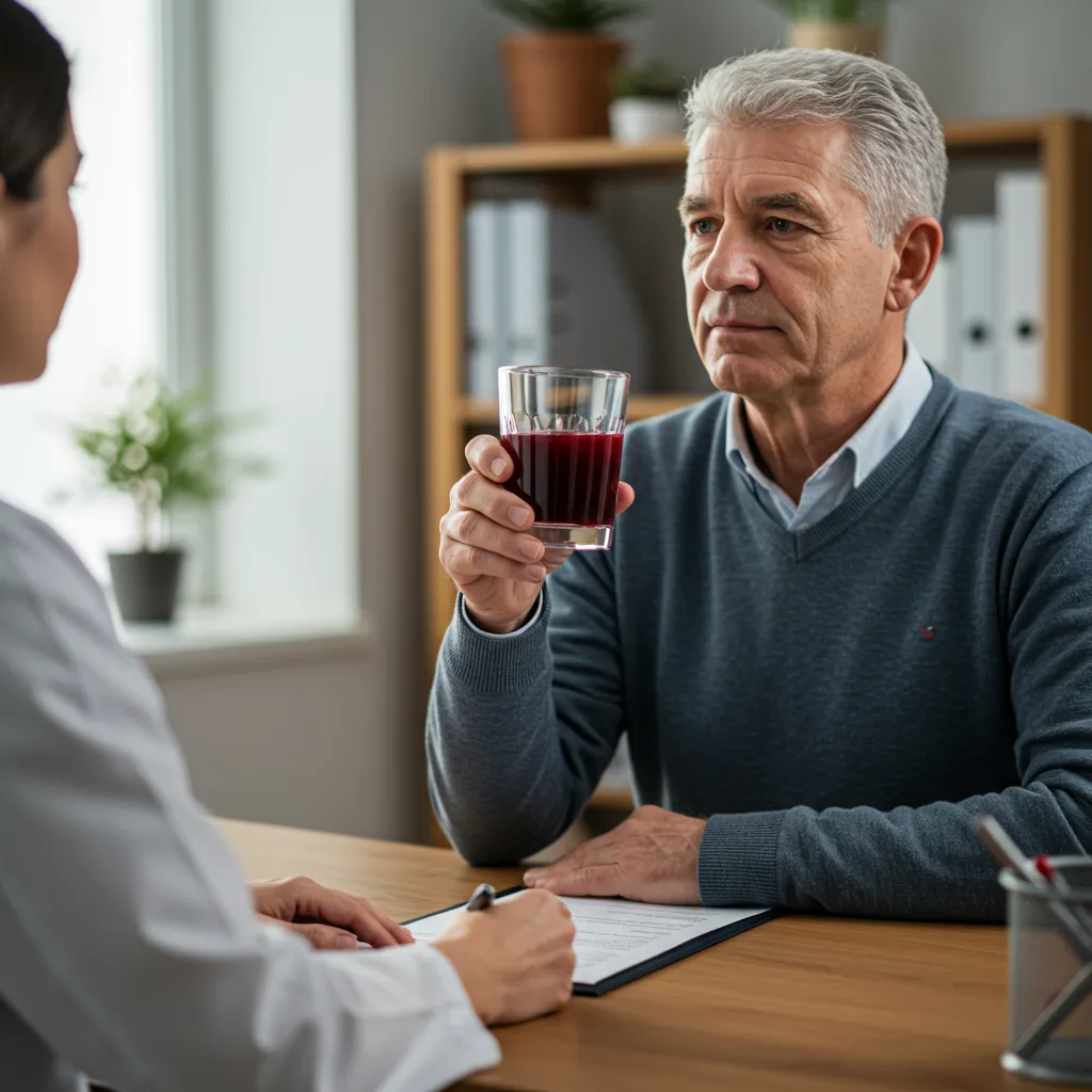 Patient consultant un professionnel de santé tout en tenant un verre de jus de grenade lors d'une consultation médicale
