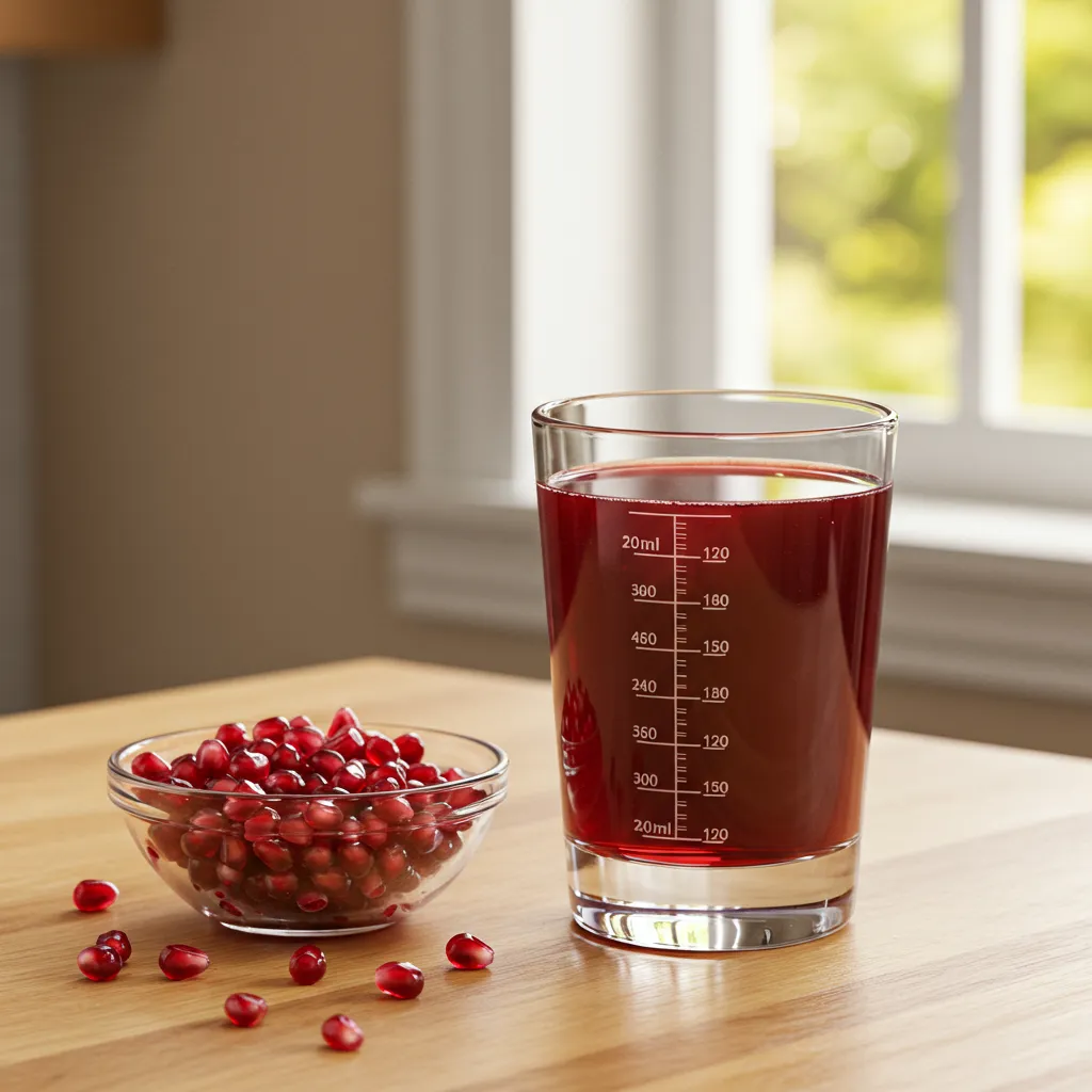 Verre dosé de jus de grenade et bol d'arilles fraîches sur un comptoir de cuisine en bois illustrant une consommation raisonnée