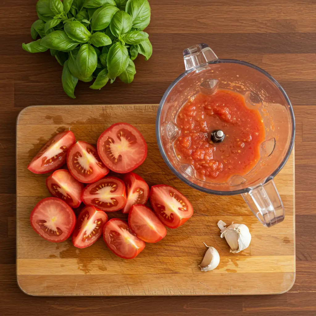 Préparation du jus de tomate maison avec des tomates coupées en quartiers, un blender et des feuilles de basilic frais sur un plan de travail