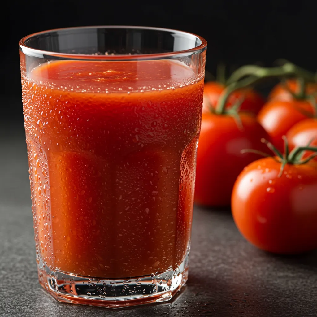 Verre de jus de tomate maison avec condensation, illustrant sa richesse nutritionnelle en lycopène, potassium et vitamine C