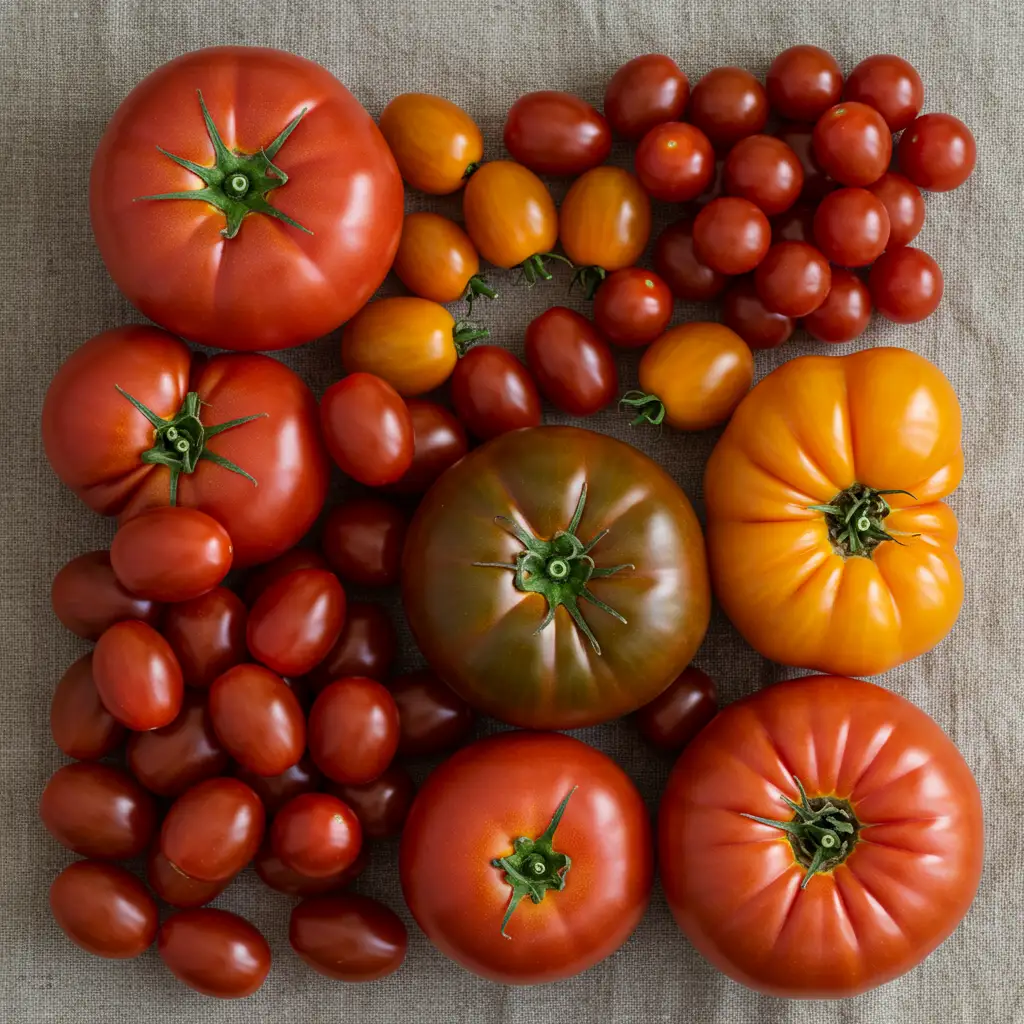 Variété de tomates fraîches de saison bien mûres disposées sur un tissu en lin, illustrant le choix des ingrédients pour un jus de tomate maison optimal