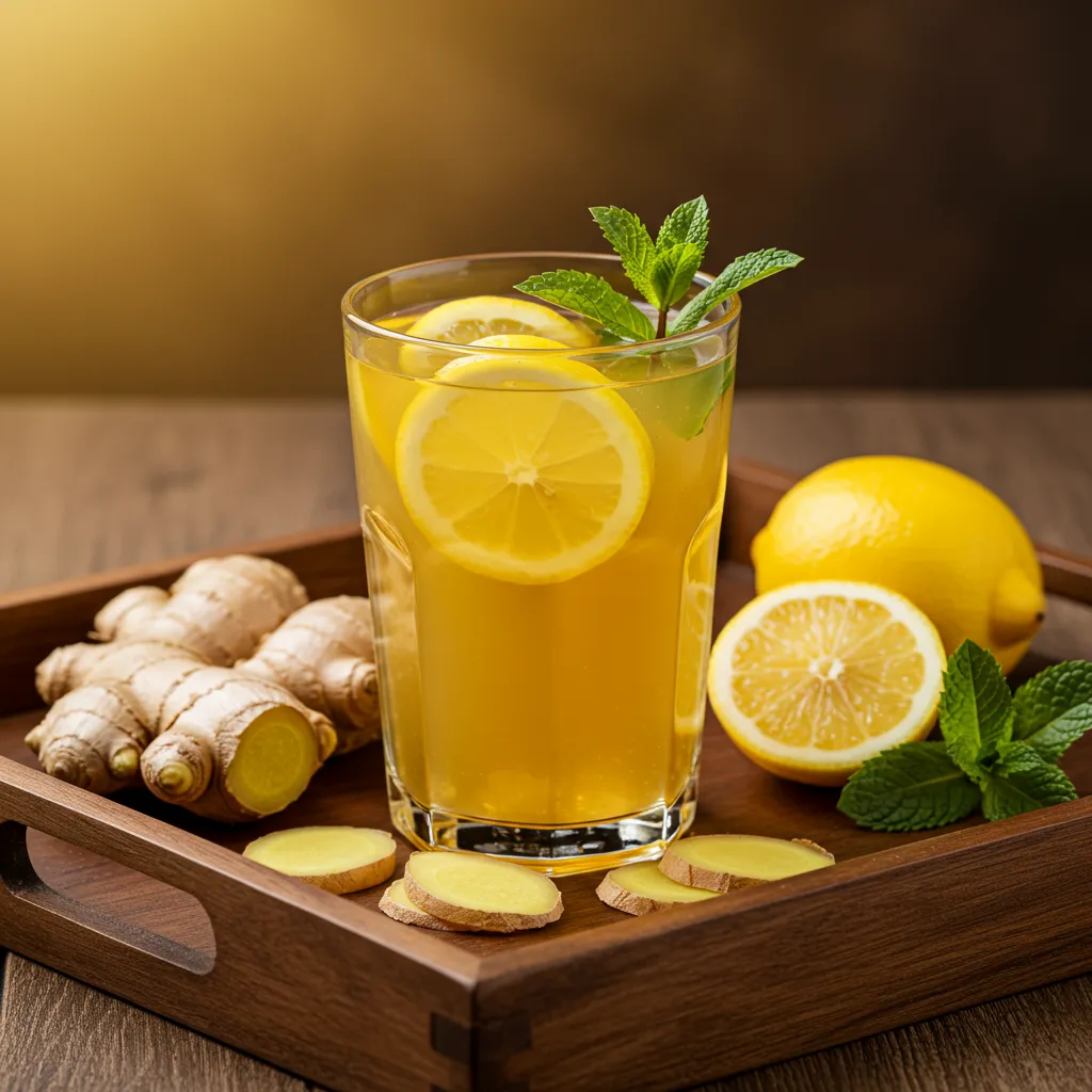 Verre de boisson dorée au gingembre et citron présentée avec des ingrédients frais sur un plateau en bois