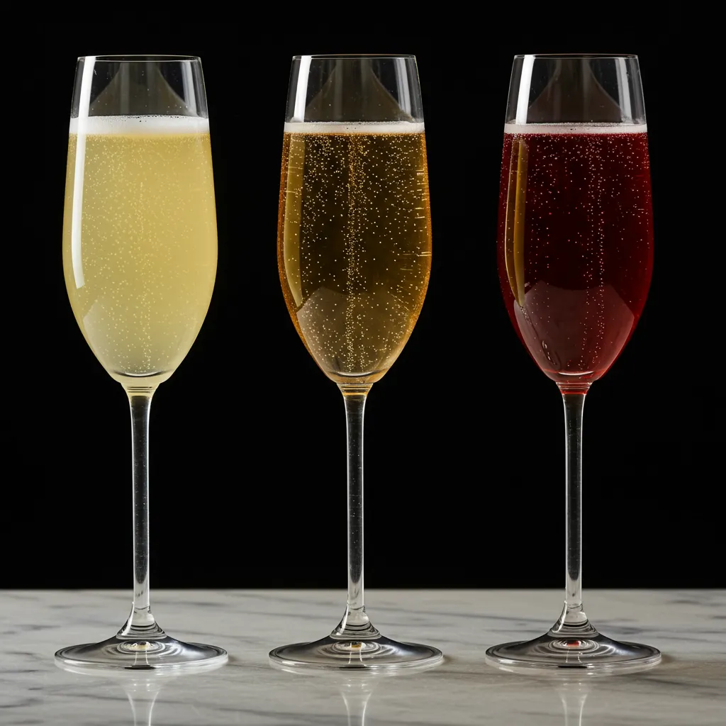 Trois flûtes de cocktails au champagne aux teintes différentes alignées sur un comptoir en marbre, illustrant la diversité des recettes