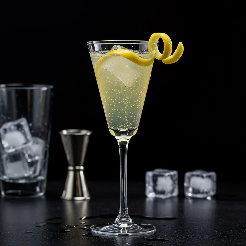 Préparation d'un French 75 avec zeste de citron spiralé sur une flûte en cristal, cocktail au champagne classique et élégant