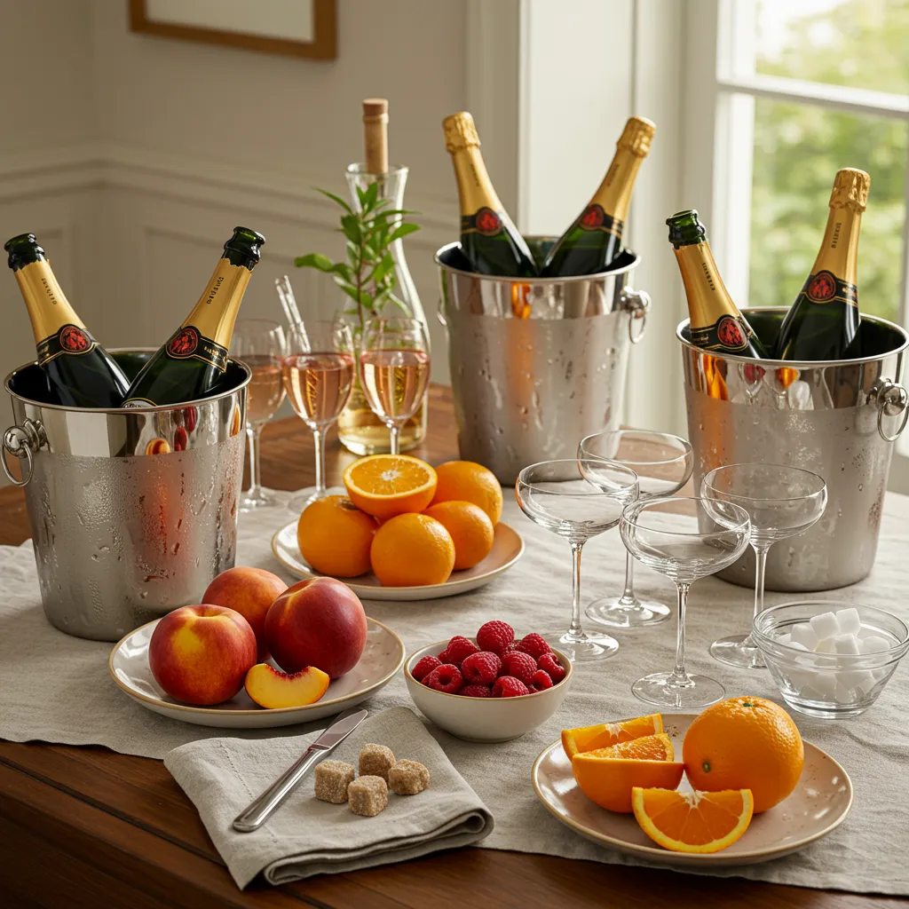 Bar à cocktails au champagne complet et élégamment dressé pour un apéritif à domicile, avec flûtes, fruits frais et bouteilles dans des seaux à glace