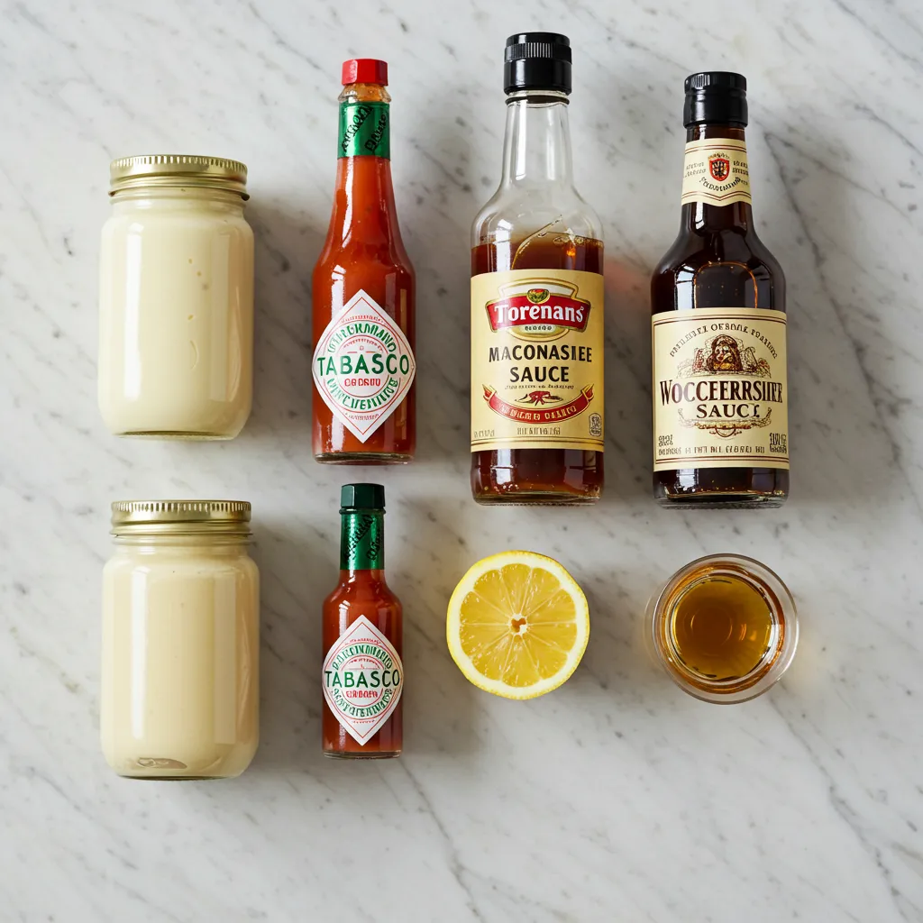 Ingrédients de la sauce cocktail maison disposés à plat sur marbre blanc : mayonnaise, ketchup, citron, Tabasco et sauce Worcestershire