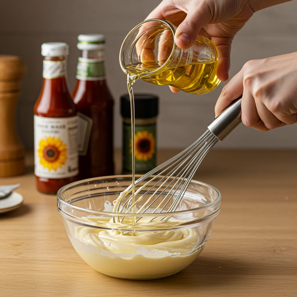 Préparation de la sauce cocktail maison : fouettage de la mayonnaise dans un bol en verre avec un filet d'huile versé en continu