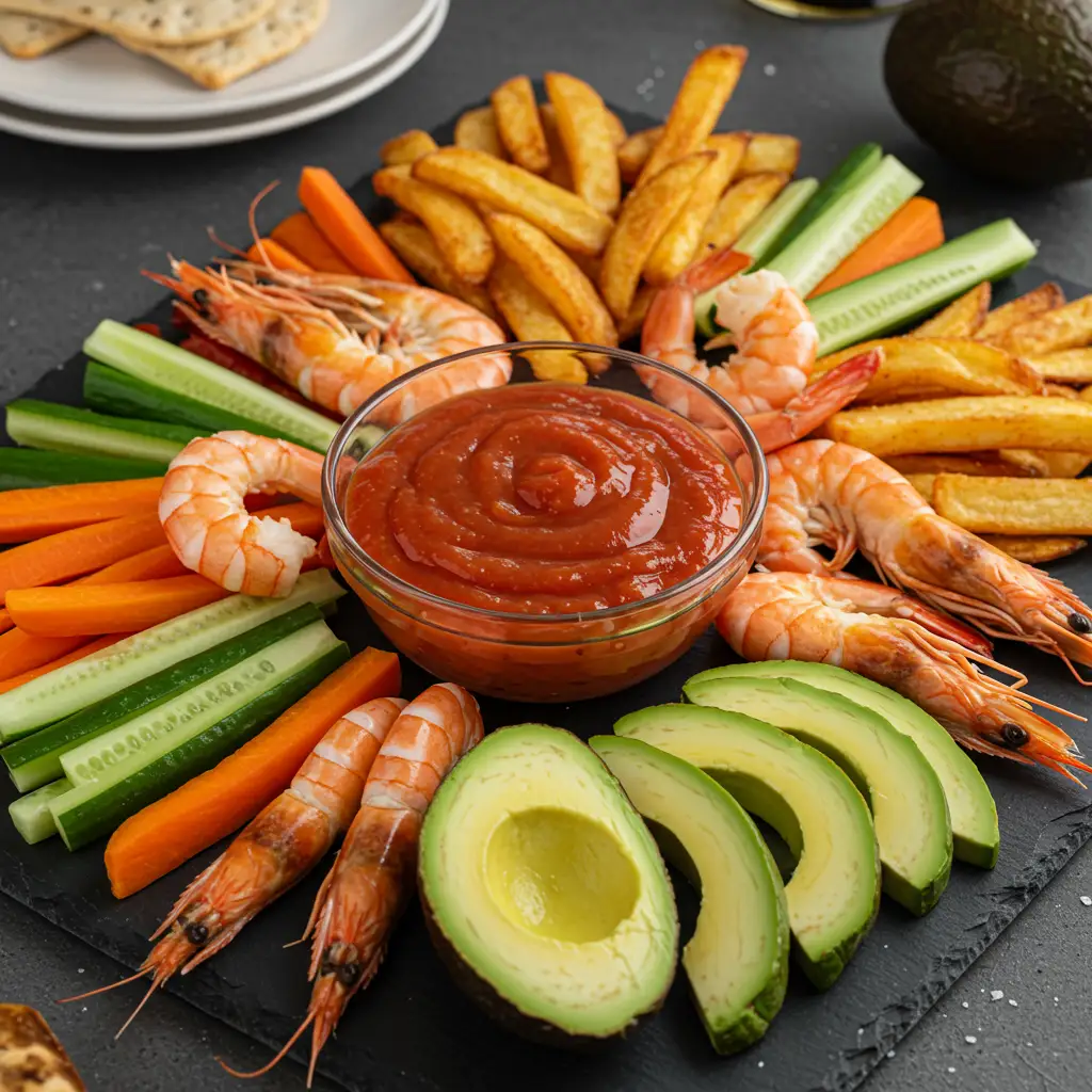 Plateau apéritif festif avec sauce cocktail maison au centre, entourée de crevettes, avocats, légumes crus et frites sur une ardoise