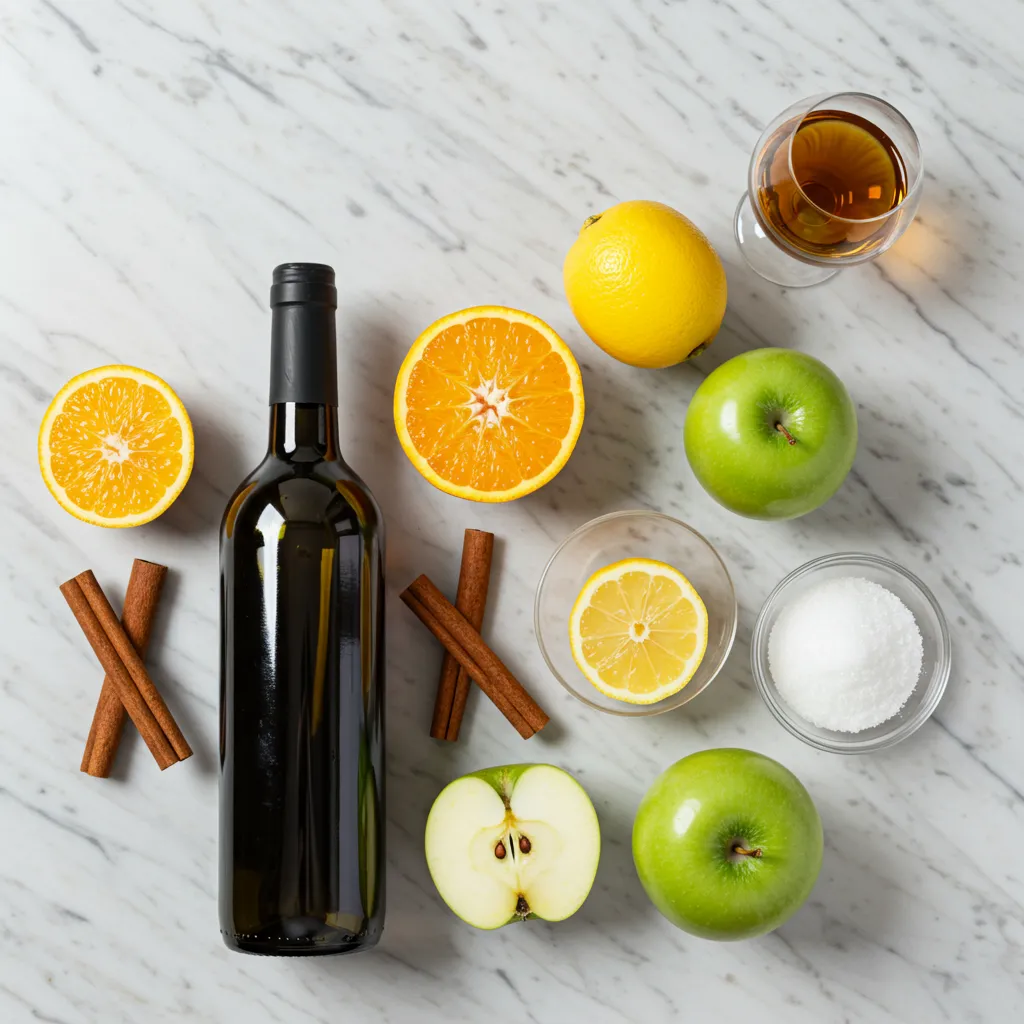 Ingrédients de la sangria rouge traditionnelle espagnole disposés sur un marbre blanc : vin rouge, agrumes tranchés, pomme, cannelle, sucre et brandy