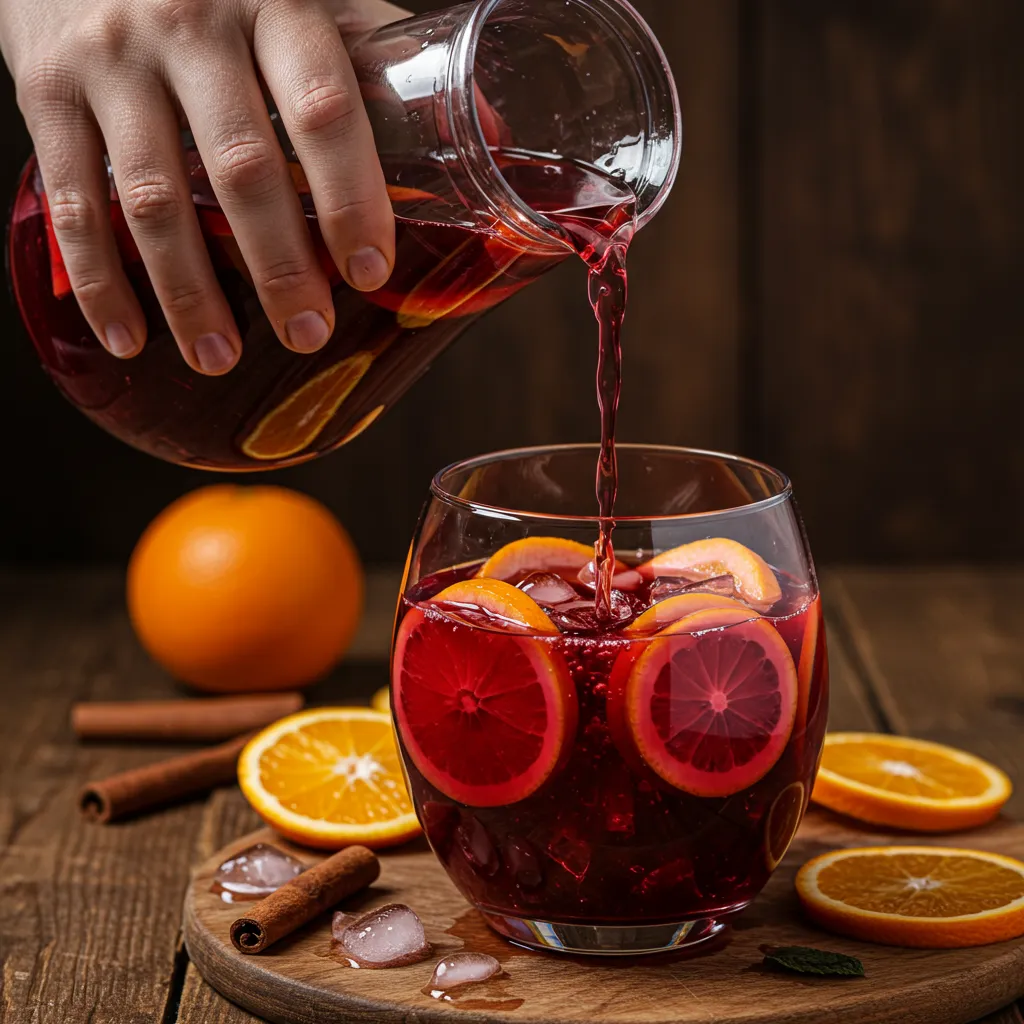 Versement de sangria rouge dans un verre transparent avec glaçons et tranches de fruits frais, ambiance estivale conviviale