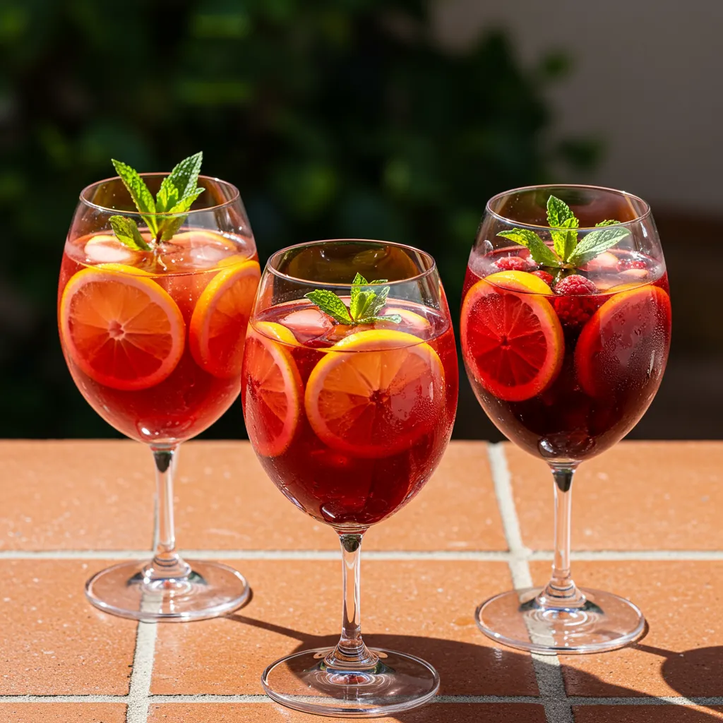 Trois variantes de sangria rouge espagnole présentées côte à côte avec différentes garnitures de fruits frais sur fond de carrelage méditerranéen