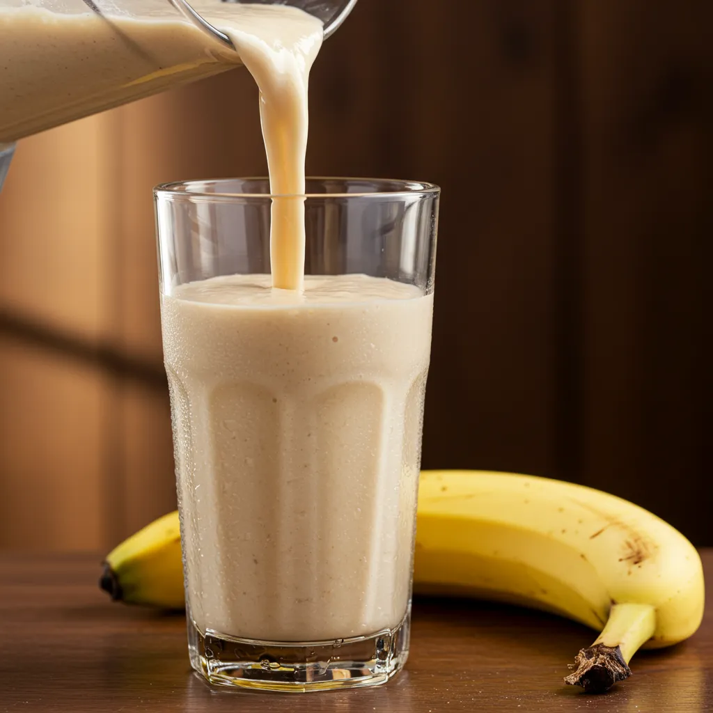 Smoothie banane onctueux versé depuis un blender dans un verre, révélant une texture crémeuse et veloutée