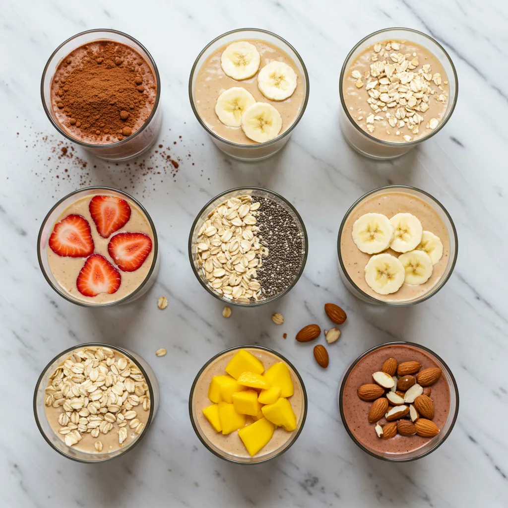 Vue de dessus de huit variantes de smoothie banane présentées dans de petits verres avec leurs garnitures respectives sur marbre blanc