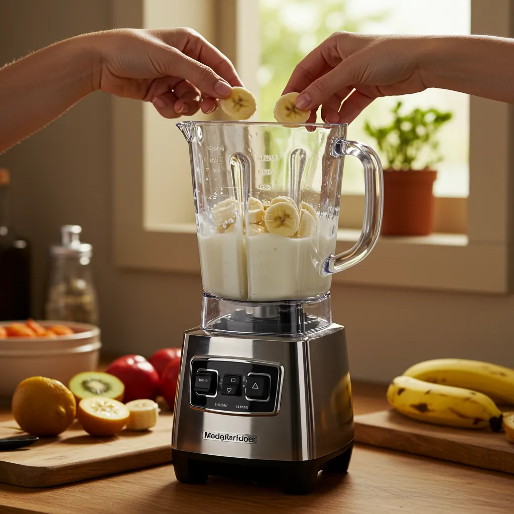 Mains ajoutant des morceaux de banane bien mûre dans un blender contenant du lait froid pour préparer un smoothie parfait