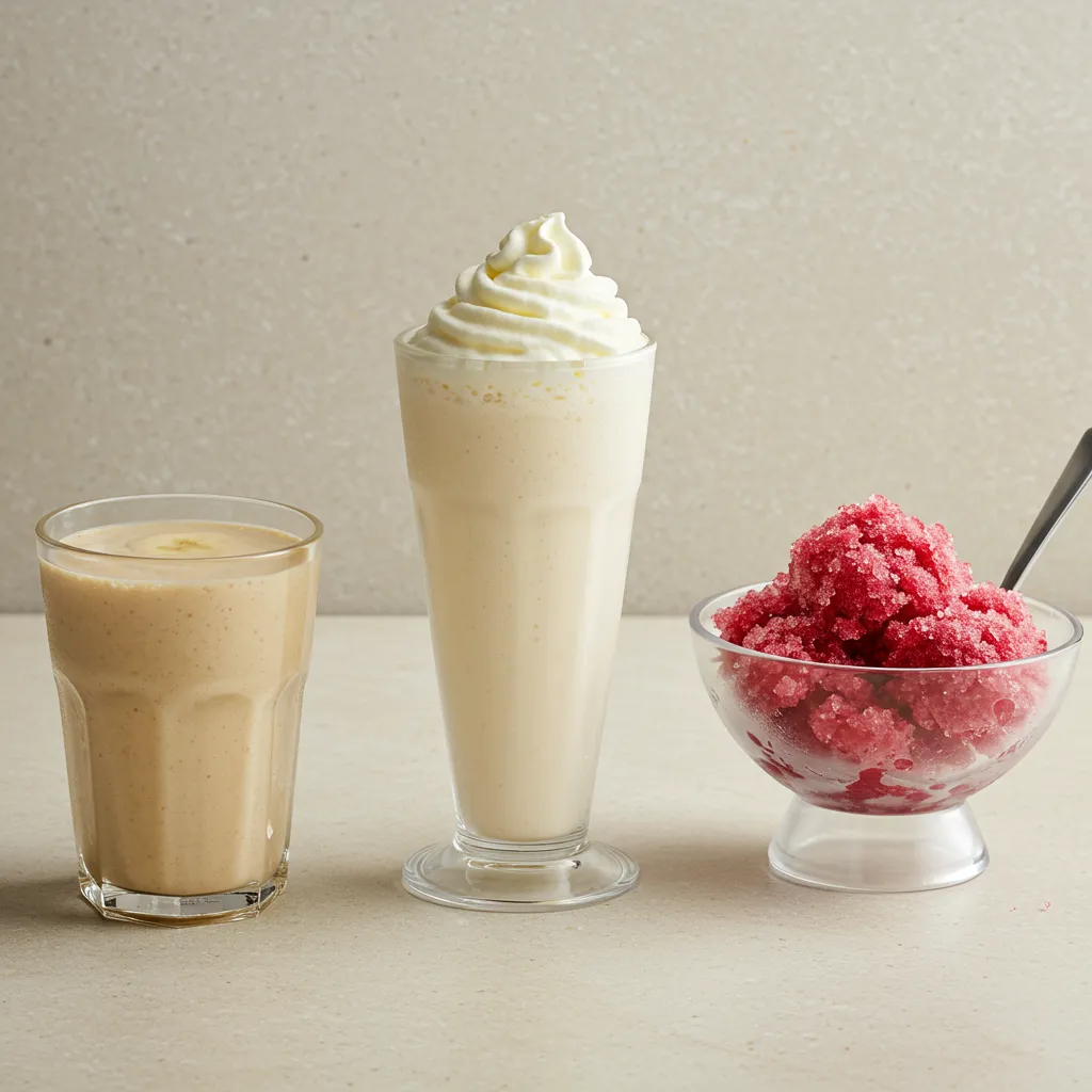 Comparaison visuelle d'un smoothie banane onctueux, d'un milk-shake et d'un granité présentés côte à côte sur une surface en pierre claire