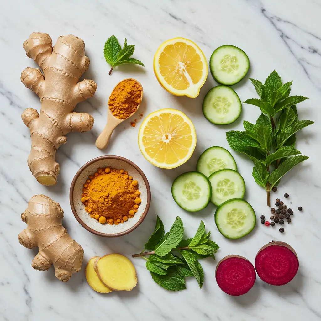 Vue de dessus des ingrédients détox incontournables : gingembre frais, curcuma, citron, concombre, menthe et betterave sur marbre blanc