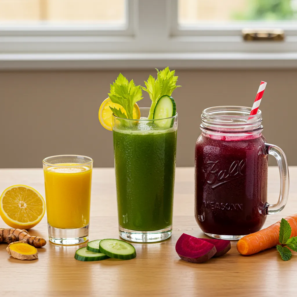 Trois boissons détox maison alignées sur un comptoir en bois : shot doré au curcuma, jus vert au céleri-concombre et jus rouge betterave-carotte