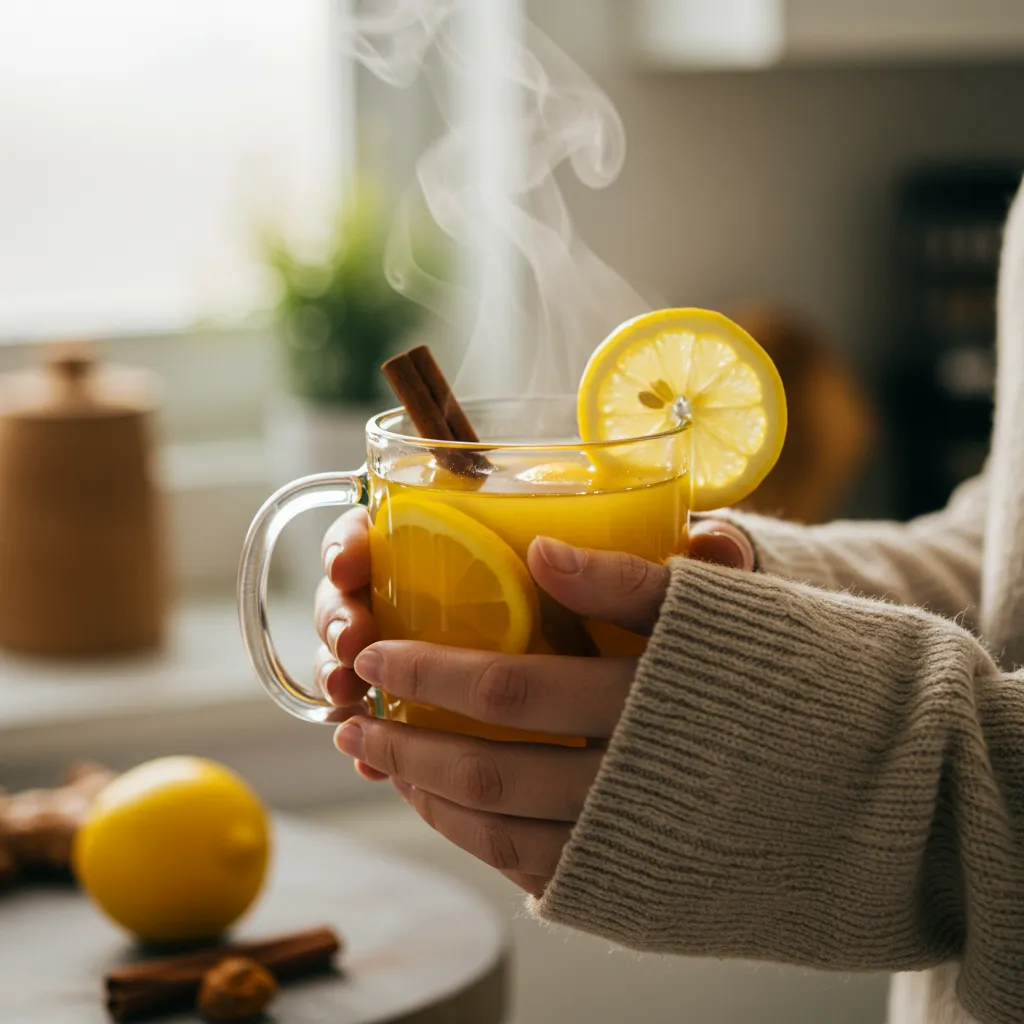 Mains tenant une tasse de tisane chaude dorée au gingembre, citron et curcuma avec de la vapeur qui s'en échappe dans une ambiance matinale apaisante
