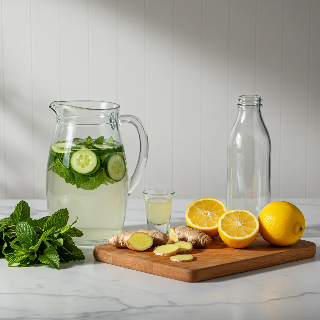 Préparation d'une routine détox matinale avec une carafe d'eau infusée concombre-menthe, un verre de jus de citron et du gingembre frais sur un comptoir lumineux