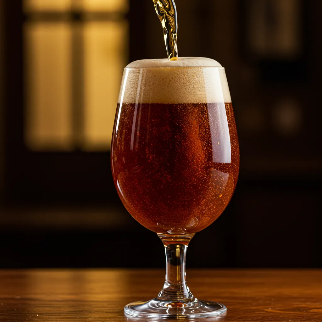 Versement d'une bière blonde forte dans un verre tulipe, révélant sa robe dorée foncée et sa mousse crémeuse