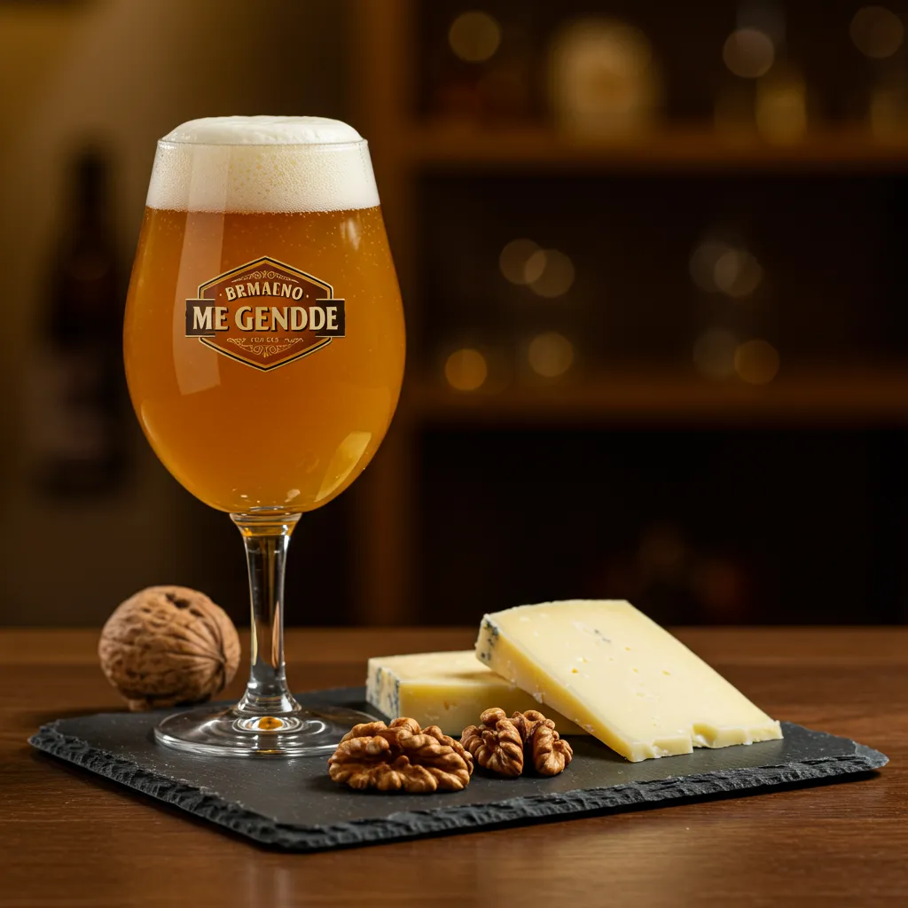 Dégustation d'une bière blonde forte dans un verre tulipe accompagnée de fromage affiné, mise en scène de dégustation élégante